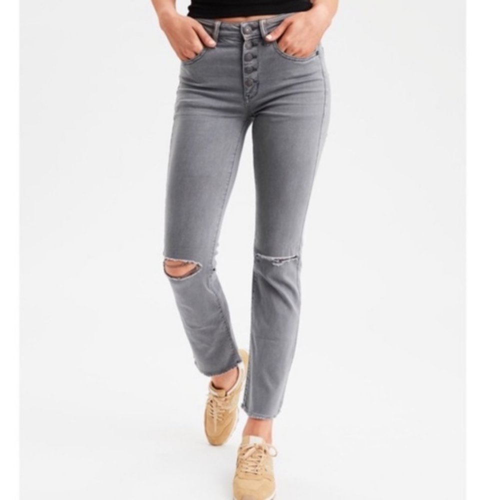 American Eagle Hi-Rise Crop Flare Jeans Distressed 4 long